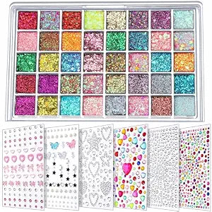 FANDAMEI Face Glitter Face Gems, 40 Colors Glitter Gel Palette with 6 Sheets Self Adhesive Hair Gems, Face Jewels for Women. Face Rhinestones Pearls for Women, Body Hair Glitter