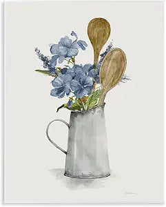 Kitchen Spoons and Blue Blooms, 11 x 14 Inch Mounted Print on Wall Plaque