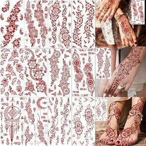 TASROI 12 Sheets Red Brown Flower Leaves Temporary Tattoos For Women Adults Ramadan Wedding Tattoo Sticker, Realistic Dreamcatcher Floral Vine Leaf Fake Tattoos Hand Foot Tattoos Islam Party Festival