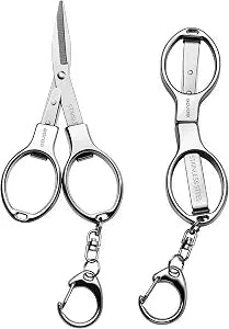 Folding Scissors 2 PCS Foldable Secure TSA Keychain Scissors All Purpose, Stainless Steel Retractable Badge Reel Scissors for Office, Travel, Fishing
