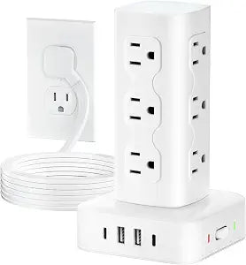 Power Strip Tower Surge Protector(2000J), Flat Plug Charging Station Tower with 12 AC Outlets & 4 USB Ports(2 USB C), 6FT Extension Cord for Home Office Dorm, White