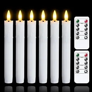 Flameless Flickering Taper Candles Two Remote, 7.5 Inch White Battery Operated LED Window Candles Timer,Set of 6 Plastic 3D-Wick Dripping-Wax Effect Flameless Candlesticks(0.86Dia,Warm Fire)