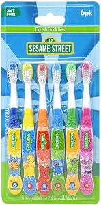 Brush Buddies Sesame Street Toothbrushes for Kids, Soft Bristle Toddler Toothbrushes Ages 2-4, Fun Sesame Street Designs, 6-Count Set