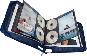 DVD CD Storage Case with Extra Wide Title Cover Pages for Blu Ray Movie Music Audio Disk (Portable Carrying Binder Holder Wallet Album Home Organizer Shelf)- Blue, 192 Disk Units, 96 Booklet Pockets