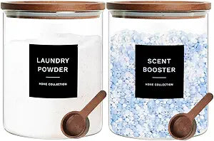 Glass Laundry Storage Containers with Acacia Lids and Scoops, Laundry Jars