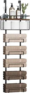 Aetyord Towel Racks for Bathroom Over The Door Towel Racks Towel Storage Organizer with Metal Shelf Basket for Bathroom Rv Camper (7-Tier Black with Brown Plank)