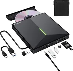 ORIGBELIE External CD/DVD Drive for Laptop, 4 USB Ports & 2 SD/TF Slots