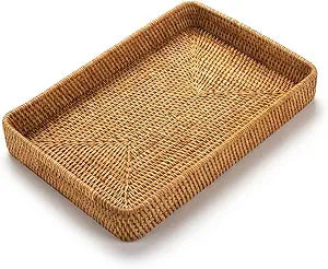14.6" x 9.1" Large Wicker Storage Tray, Natural Rattan Basket Decorative Handwoven Rectangular Basket for Bread, Fruit, Toiletries,Towels & Home Organization (Rectangular M)