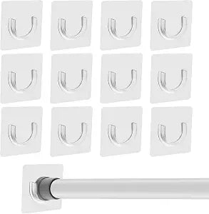 12PCS Curtain Rod Holder, ABS No Drill Shower Brackets for Rods Heads 1.47Inch or Less, Self-Adhesive Tension Organizers, Clear No-Drill Rod Holders for Kitchen, Bathroom, Window, Bookshelf, Closet