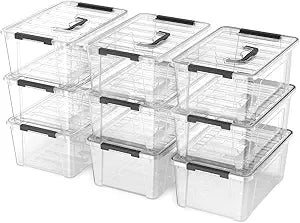 Clear 9-Pack Plastic Storage Bins with Lids, 6 Quart Stackable Containers Organization with Latch Buckle