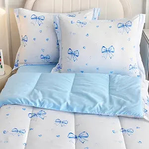 Zipper Bedding Set Twin Bow Zippered Comforter Set for Kids Blue & White Zip up Bedding for Teen Girls Boys Lightweight Soft Sheet for Kids Bedroom Decor