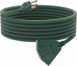 15 Ft Outdoor Extension Cord with 3 Electrical Power Outlets - 16/3 SJTW Green Cable with 3 Prong Grounded Plug