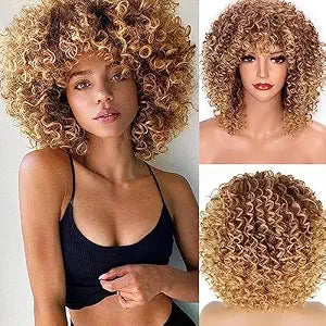 Afro Blonde Curly Wigs for Black Women,Kinky Blonde Wig With Bangs Synthetic Heat Resistant Hair for Daily Use