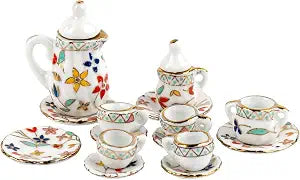 AUEAR, 15 Pack Miniature Ware Porcelain Tea Set 1:12 Miniatur Dish Cup Plate Classic Kitchen Accessories(Gold Leaf Pattern)