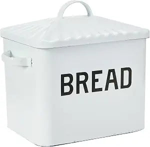 Creative Co-Op Farmhouse Enameled Metal Bread Box with Bread Text, White and Black Finish