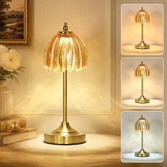 Glass Tulip Table Lamp, Cordless Rechargeable Desk Lamp - Amber