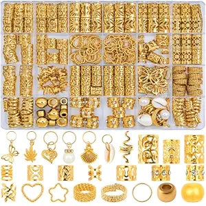 236PCS Gold Hair Accessories Set: Jewelry, Charms, Rings and Cuffs for Braids, Dreadlocks, Loc Styles and Rave Hair Styling