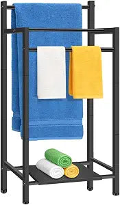 Free Standing Towel Racks for Bathroom, 3 Tier Towel Drying Rack with Movable Storage Shelf, Tall Metal Towel Rack Stand for Outdoor Pool, Black