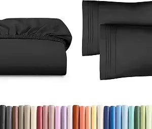 Full Size Fitted Bed Sheet + 2 Pillowcases Bundle - Hotel Luxury Single Fitted Bottom Sheet Only - Fits Mattress w/ Deep Pockets Between 8 to 16 inches - Ultra Soft, Breathable & Wrinkle Free - Black