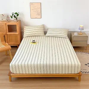 VM VOUGEMARKET Striped Fitted Sheet Queen 1 Piece,Washed Cotton Beige Single Bottom Sheet with 15" Deep Pocket,Comfortable and Breathable Mattress Cover,60" x 80"