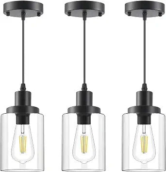 Industrial Pendant Lights, Modern Clear Glass Shade Pendant Lighting, Black Pendant Light Fixtures Ceiling Light, Farmhouse Pendant Lighting for Kitchen Island Hallway Porch Corridor Bedroom, 3-Pack