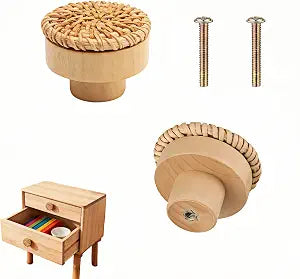 Handwoven Bohemian Drawer Knobs - Natural Rattan & Solid Beech Wood Cabinet Pulls for Dresser, Closet, Kitchen Cabinets (Set of 2, Caramel) | Easy Install Boho Home Decor Knobs