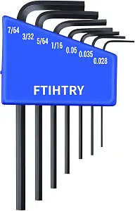 FTIHTRY 7pcs SAE Mini Hex-L Key Allen wrench, Small Allen wrench 0.028, 0.035, 0.05, 1/16", 5/64", 3/32", 7/64", Cr-V Steel
