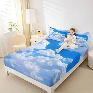 Erosebridal Blue Sky and White Clouds Bed Sheets Twin Size for Boys Teens, Kids Kawaii Fitted Sheet Nature Duvet Sets Soft Microfiber Bedding Set with Matching 1 Pillowcase