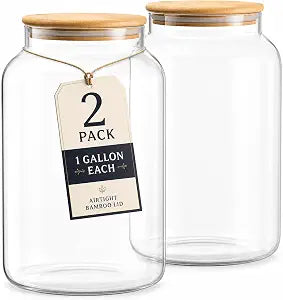 Large 1 Gallon Glass Large Jar with Airtight Bamboo Lid - High Borosilicate Canister for Kitchen Food Storage Organizing, Terrarium, Pantry Decorative Container & Laundry Room - Pack of 2