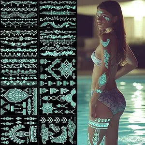10 Sheets Blue Glow Temporary Tattoos Glow in the Dark Tattoo Kit Neck Clavicle Body Art Makeup In The Dark for Women Adults Arm Hands and Rave Festival Accessories