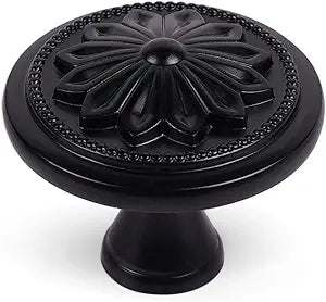 DWYL & LWYD 10 Pack Black Cabinet Knobs,Heavy Duty Zinc Alloy Flower Pattern,1-2/5"Dia Round Matte Black Kitchen Cabinet Knobs Handles for Cabinets and Drawers Drawer Pulls
