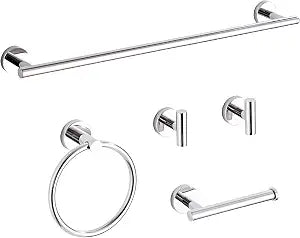 Chrome Bathroom Hardware Set 5 Piece with Towel Racks for Bathroom, SUS304 Stainless Steel Bath Towel Bar Set, 24 Inch Wall Mounted Accessories Kit
