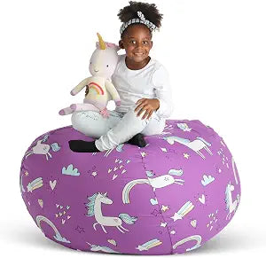 Creative QT Stuff n Sit Extra Large 38 Bean Bag Storage Cover for Stuffed Animals & Toys, Giant Beanbag Chair for Kids Ages 3-14, Bedroom Organizer, Purple Unicorn