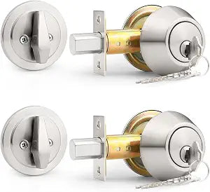 Probrico(2 Pack Keyed Alike Single Cylinder Deadbolts Brushed Nickel (Combo Packs), Keyway Keys Handleset, 3 Keys Anti-Theft Interior& Exterior Door Hardware (for Entrance Lock and Front Gate)