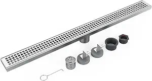 GAOMON 32-Inch Linear Shower Drain with Removable Quadrato Pattern Grate, Brushed 304 Stainless Steel Rectangle Shower Floor Drain, Bathroom Linear Drain with Leveling Feet,Hair Strainer