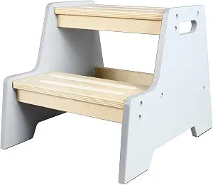 Wooden 2-Tier Step Stool for Toddlers, Non-Slip Kids Step Ladder with Carry Handles, Safety Sturdy Toddler Step Stool for Bathroom Sink, Kitchen Counter, Potty Training & Hand Washing (Gray & Natural)