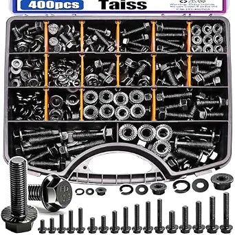 Taiss 400PCS Metric Flange Bolt Assortment Kit,M6x1.0, M8x1.25, M10x1.5 Bolts(12mm to 45mm),Hex Bolts and Nuts Washers Kit,Metric Bolt Assortment for Automotive Fasteners,10.9 Black Zinc Galvanized