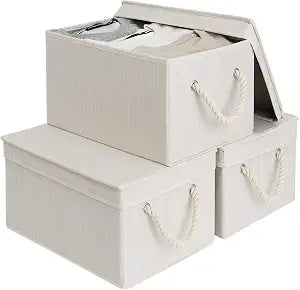 StorageWorks Storage Bins with Lids, Fabric Boxes for Closet, Slub White