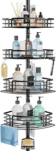 Consumest Corner Shower Caddy Tension Pole - Rustproof Shower Shelves with Towel Bar & Soap Holder, Adjustable Bath Organizer for Bathroom Storage, 27.6-108.3 inch, Black