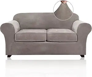 PrinceDeco Velvet Couch Cover Loveseat Covers for 2 Cushion Couch 3 Piece Sofa Covers for Dogs Washable Loveseat Covers Width Up to 72 Inch No Slip Stretch Sofa Slipcover(Medium, Taupe)