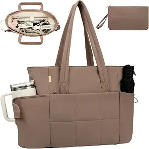 Puffer Tote Bag with Large Cup Holder& 15.6 Inch Laptop Compartment, Lightweight Puffy Work Bag with Water Bottle Pocket, Large Laptop Tote with Clutch Purse for Women Teacher Nurse (Brown)