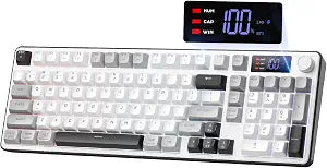 Redragon Wireless Gaming Keyboard, 98-Key Tri-Mode (BT/2.4G/Wired) RGB Computer Keyboard with Knob & Display, Fade-Resistant PBT Keycaps & 4000mAh Battery, Compatible with Windows/Mac - White Gray