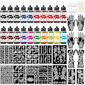 20 Bottles Temporary Tattoo Ink Kit with 12 Colors (3 Black,Red,Brown,2 Dark Red,Navy Blue,1 Purple,Orange ...),147 Tattoo Stencils Big Designs,Body Art DIY Gifts Set Fun for Party Holiday