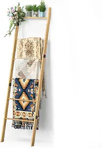 BAMBANG 6-Tier Blanket Ladder for Living Room, Blanket Quilt Ladder Rack Rustic Decorative Towel Holder, Wall Leaning Blanket Ladder Shelf Storage Farmhouse Decor for Bedroom Bathroom, Natural
