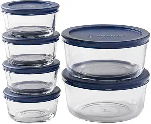 Anchor Hocking 12 Piece Glass Storage Containers with Lids (6 Glass Food Storage Containers & 6 Navy Blue SnugFit Lids)
