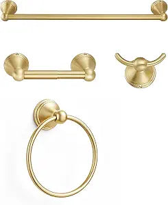 4-Piece Bathroom Hardware Accessories Kit, Zynuhmo Brushed Gold Towel Bar Set Wall Mounted with 20'' Towel Bar, Towel Ring & Toilet Paper Holder, Robe Hook Set Fixtures for Modern Farmhouse Bathroom