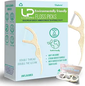 Twin Line Dental Floss Picks (220 Count) ��� Double Thread Tooth Flossers for 2X Cleaning, Thin & Shred-Resistant Floss, Wheat-Straw Handle | Travel Case Included Holds up to 10 Picks