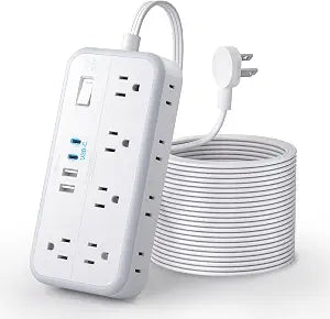Flat Extension Cord 25 FT, NTONPOWER Long Power Strip, 10 Outlets 4 USB Ports (2 USB C), 3 Side 3 Prong & 2 Prong, Overload Protection, Flat Plug Wall Mount, White, SurgePro