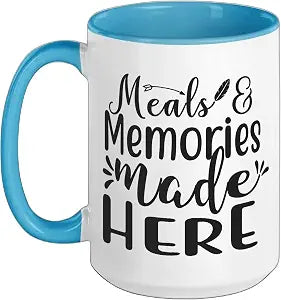 Meals & Memories Made Here Kitchen Home Decor Sign Ceramic Mug, Blue/White, 15oz