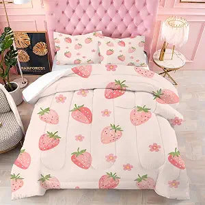 kxry Pink Watercolor Strawberry Floral Kawaii Girls Comforter Set Twin